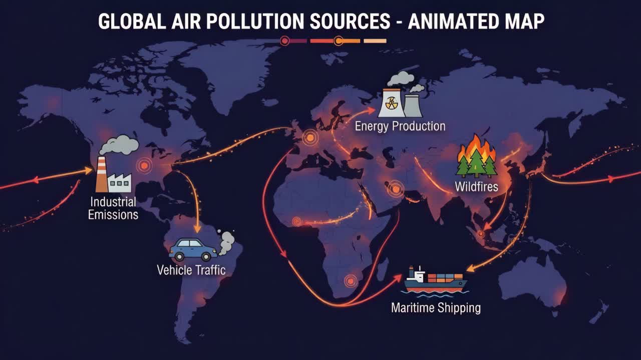 Global Air Pollution Sources - Animated Map | Premium Stock Video Footage