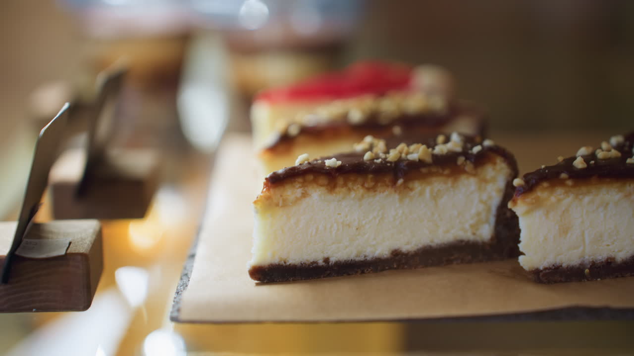 Close up of creamy cheesecake slices topped with glossy chocolate layer and sprinkled crushed nuts arranged neatly on parchment-covered wooden tray inside dessert display