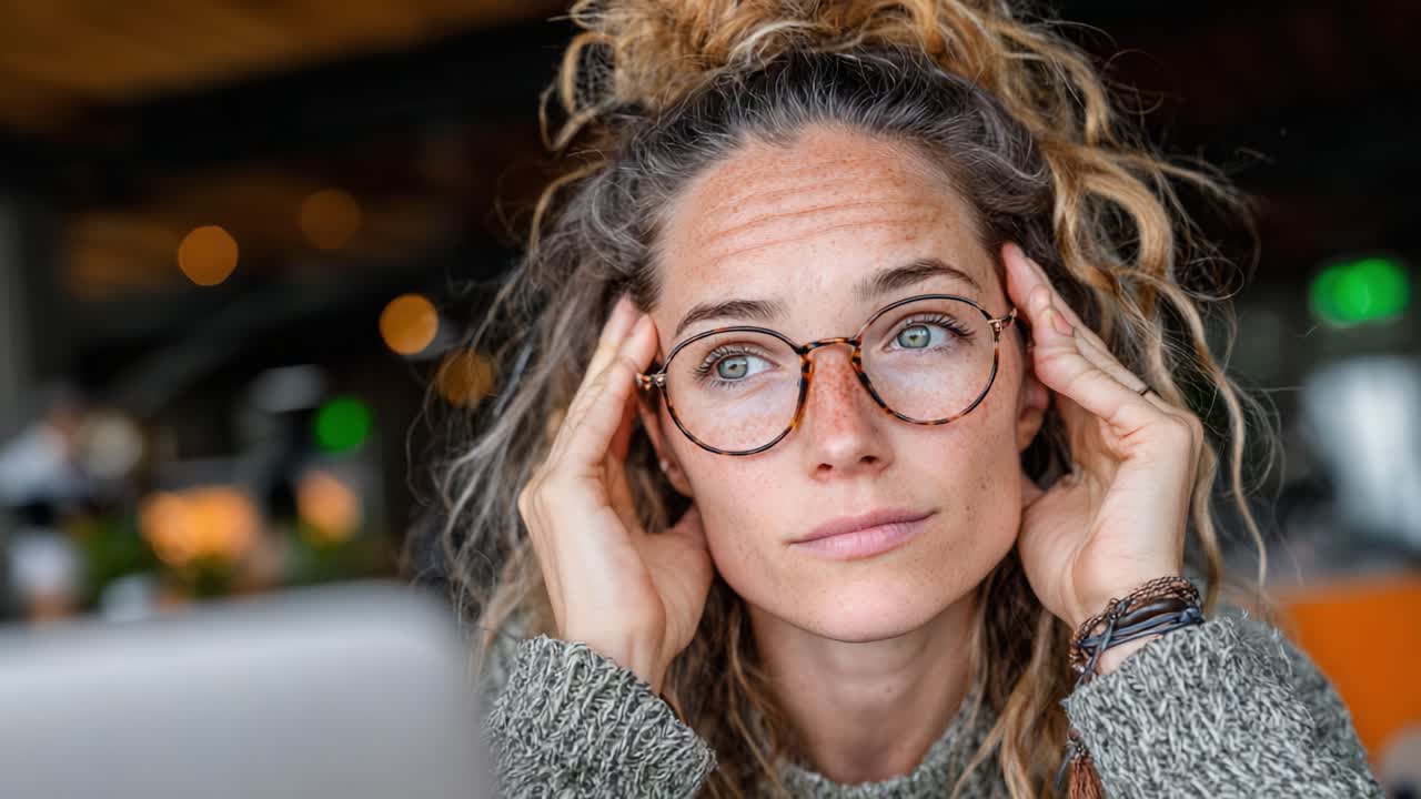 En eftertænksom kvinde med briller ser ud til at være fordybet i sine tanker, mens hun hviler hovedet i hænderne, hvilket udstråler en følelse af introspektion og følelsesmæssig kompleksitet
