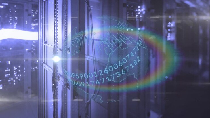 Animation of data processing and light spots over server room