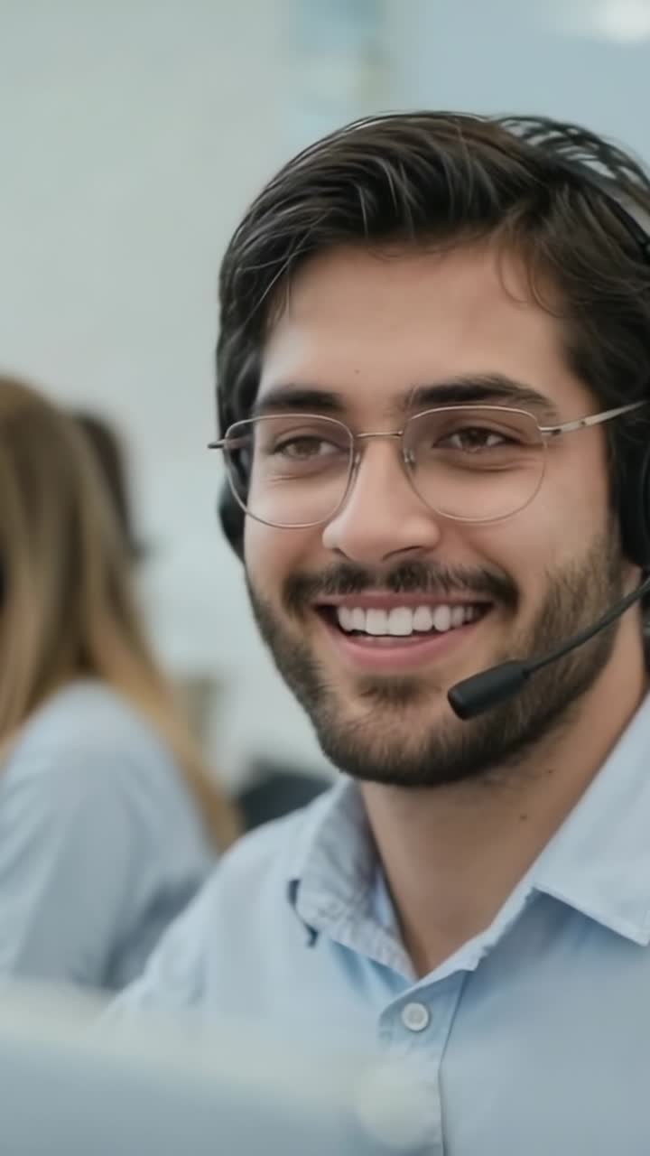 Vertical video: Receiving call agent wearing headset greeting caller in office, building rapport