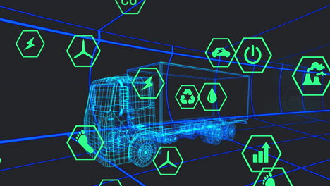 animación de la interfaz digital del coche y los iconos eco sobre el modelo 3d del coche