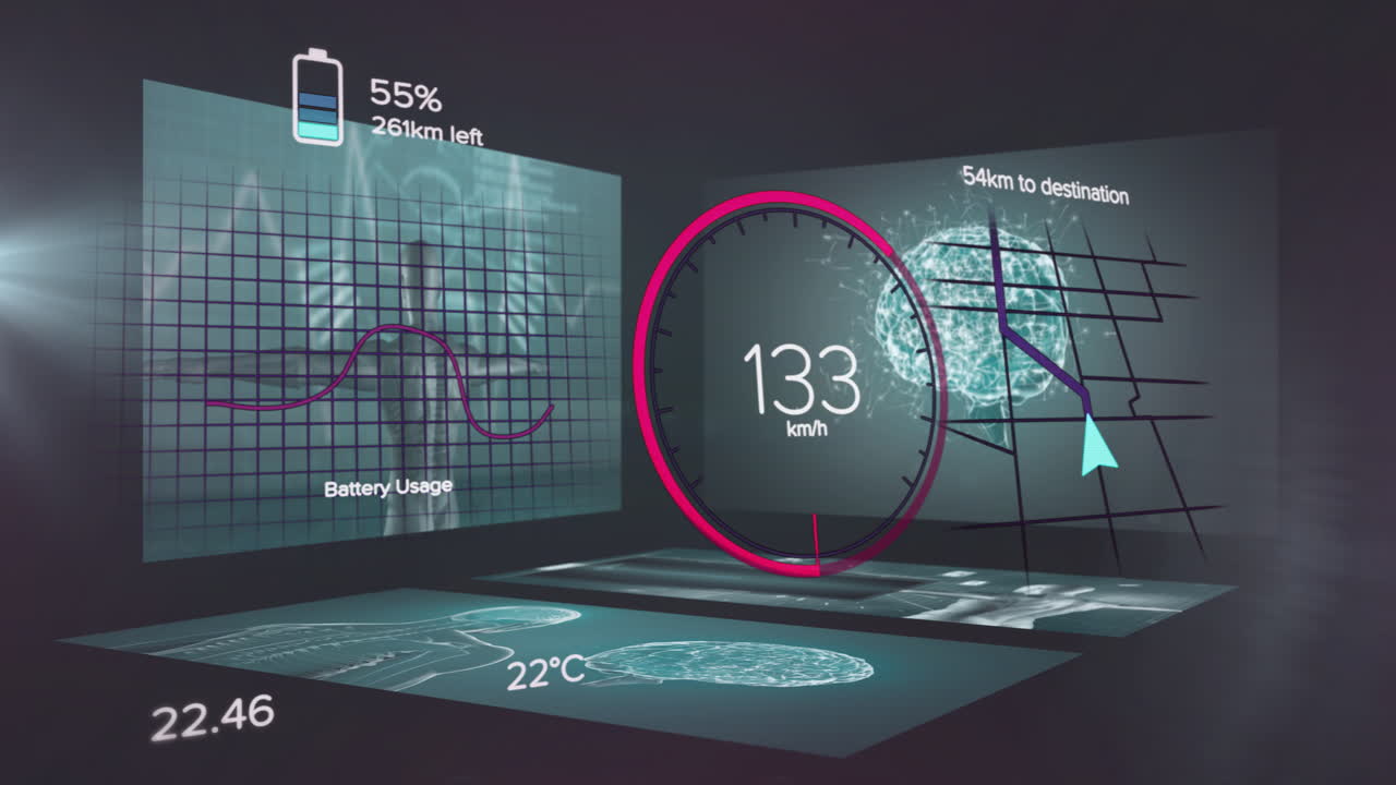 Dashboard animation showing speed, battery usage, and destination distance metrics
