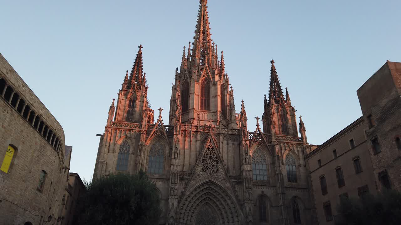 Panoramic of Barcelona Gothic Cathedral above Blue Skyline Sunshine in Spain Old Architecture