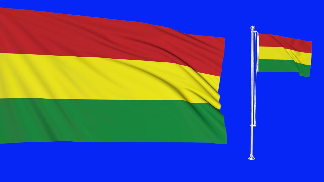 pantalla verde hiper realista bucle de bolivia dos banderas ondeando en el viento mástil de la bandera boliviana revoloteando con animación de textura de tela muy detallada 4k 3d clave de croma