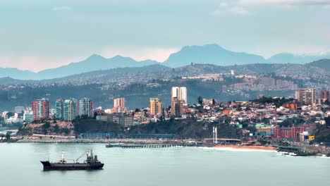 Aerial-view-establishing-Valparaiso-beautiful-seaside-city-Chile-day