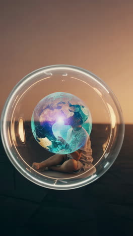 child in a bubble, exploring worlds