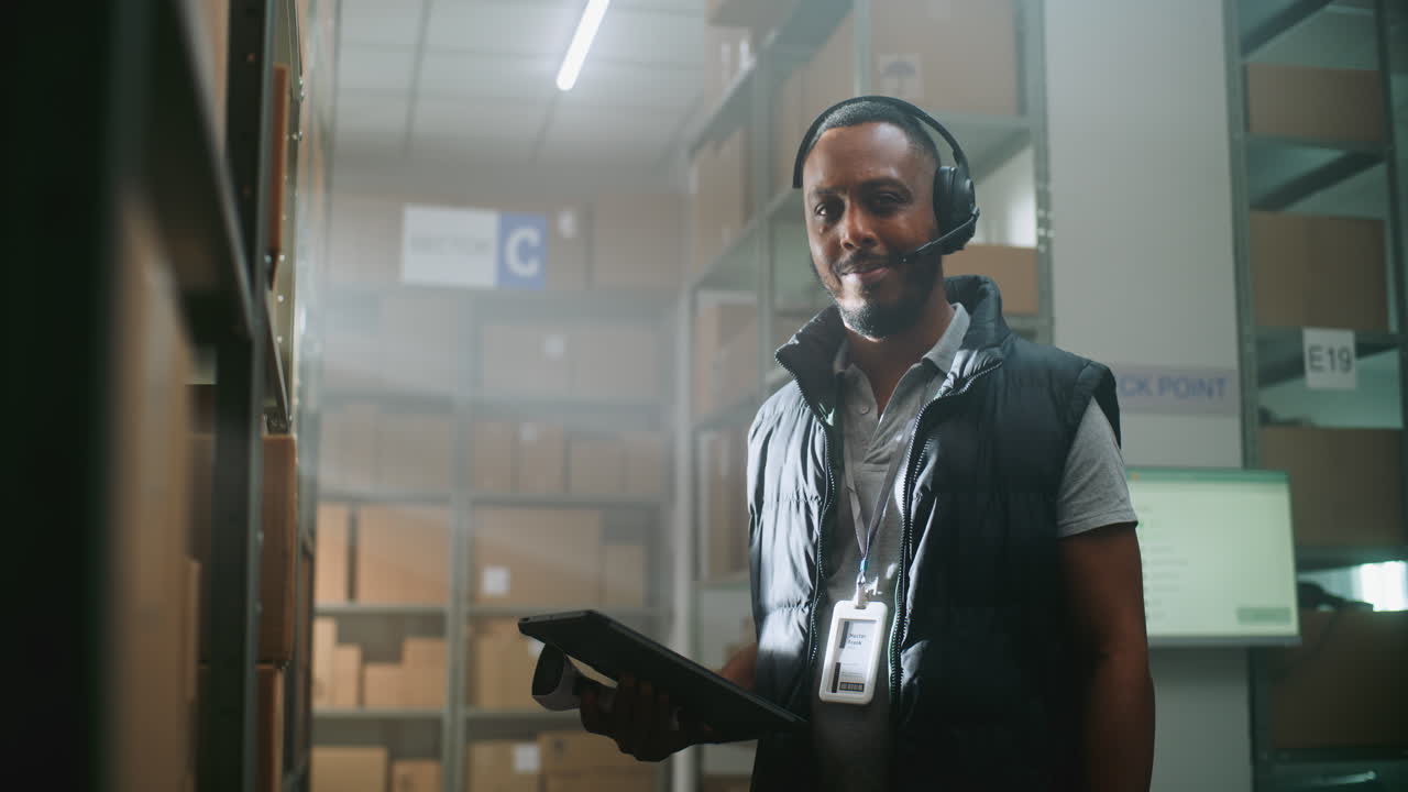 Warehouse Worker with Headset and Tablet
