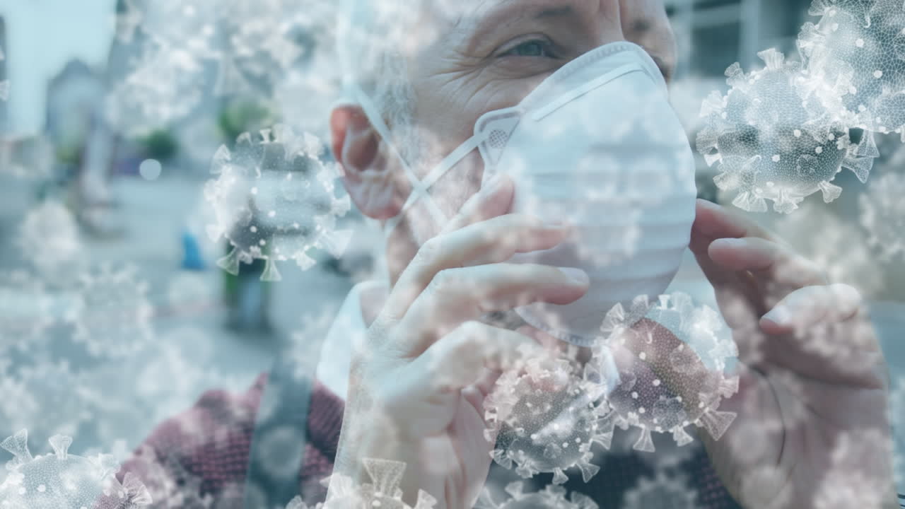 코로나19 바이러스 세포의 애니메이션 얼굴 마스크를 착용한 남자