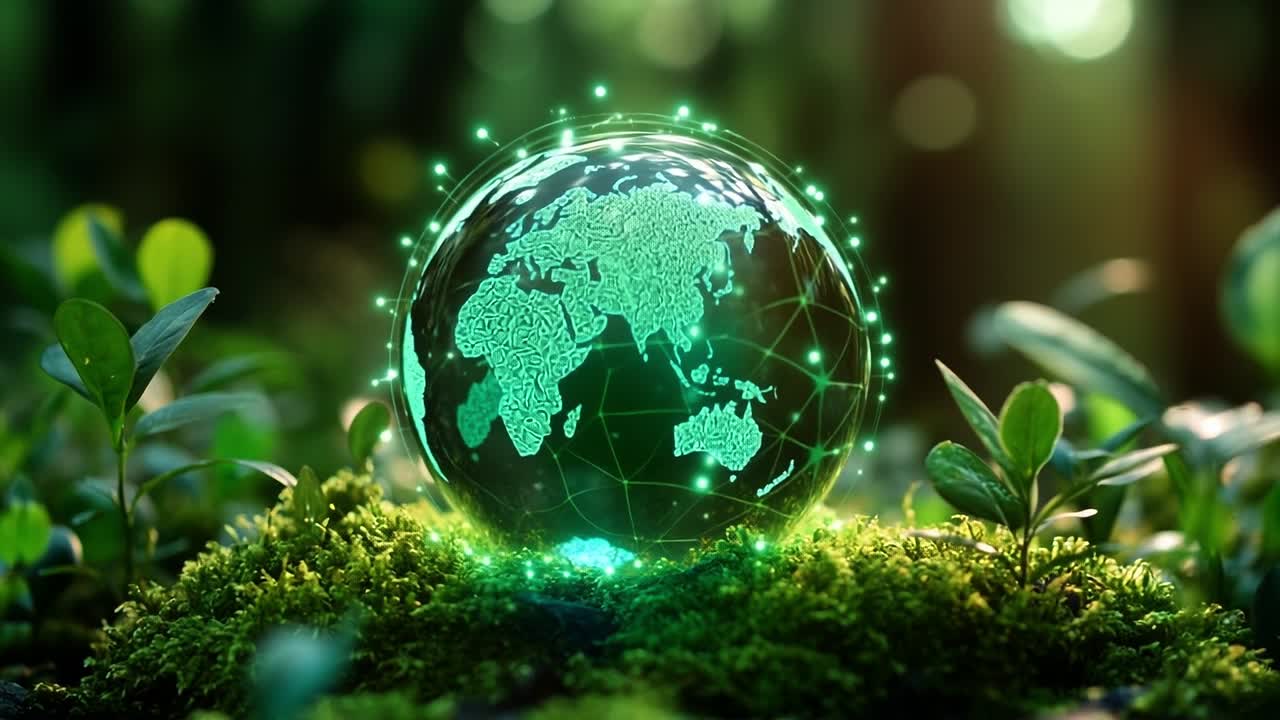 Digital globe surrounded by green plants. A glowing globe with a world map sits in lush greenery, symbolizing sustainability and nature's connection.