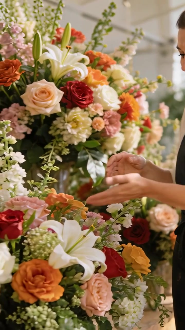 Video verticale: Mano che entra, mani di fiorista che sistemano l'esposizione di rose per il negozio, indossando un grembiule scuro