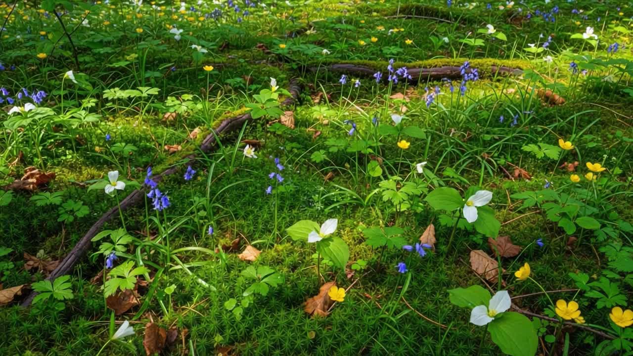 A Vibrant Tapestry of Wildflowers on a Lush Forest Floor, Showcasing a Flourishing Ecosystem in Full Bloom Beneath Sunlit Canopies with Vivid Colors and Varied Flora