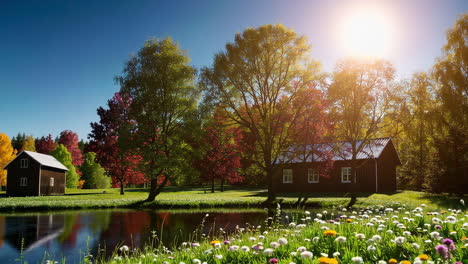 autumnal landscape with rustic cabins and a river