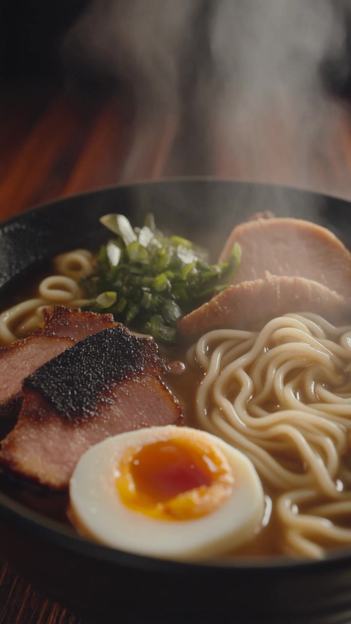 Ciotola fumante di ramen fresco con maiale e uovo sodo morbido