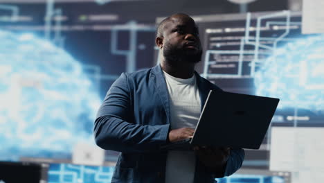 black it engineer working in a digital environment with programming language