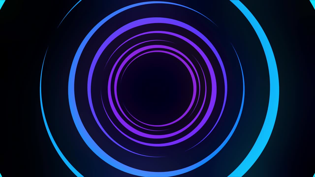 túnel de luz abstracto formado por anillos móviles coloridos en fondo negro, bucle sin costuras. animación. círculos de neón azules y púrpuras que giran a diferentes velocidades