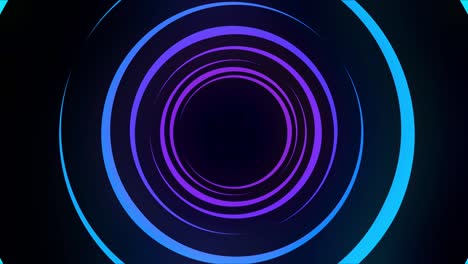 túnel de luz abstracto formado por anillos móviles coloridos en fondo negro, bucle sin costuras. animación. círculos de neón azules y púrpuras que giran a diferentes velocidades
