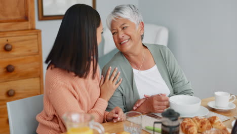 senior mom, woman and breakfast at table