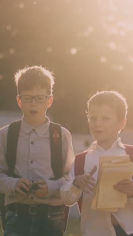 boy pupils in shirts silhouettes walk along road holding books after passing exam against green trees slow motion