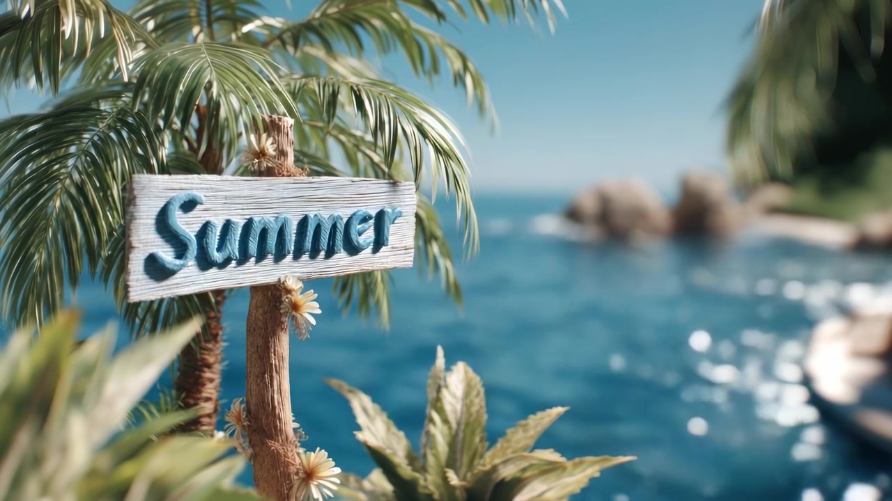 Insegna estiva su una spiaggia tropicale con vista sull'oceano