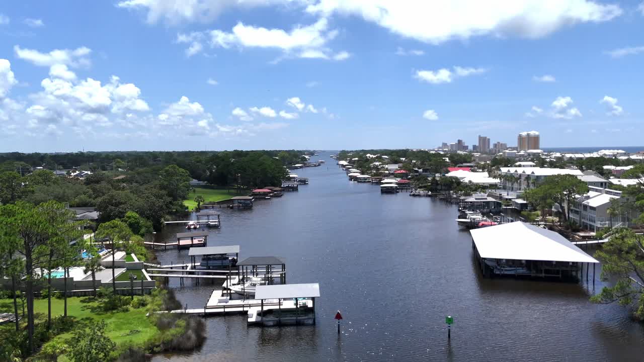 Long inland waterway with waterfront homes and tree lined banks under clear sky, Panama City Beach, Florida, USA