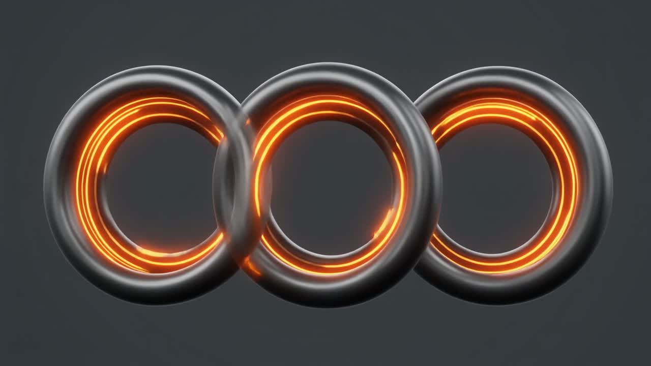 Three Rotating Metallic Rings with Glowing Orange Light