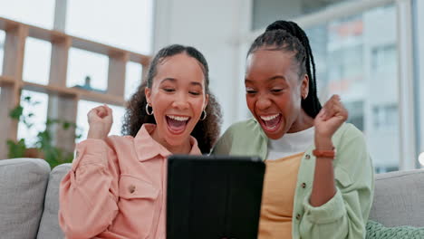 girl friends, tablet and celebration with winning