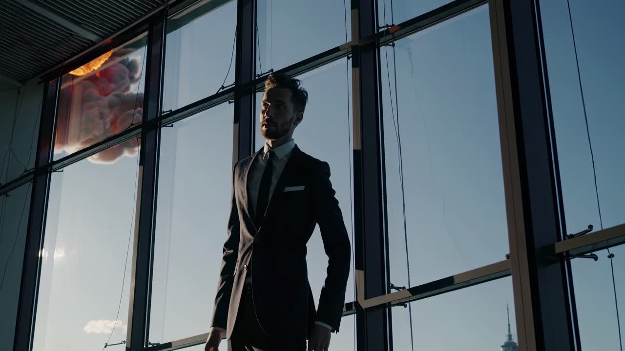 un hombre de negocios enfrenta una explosión fuera de la ventana.