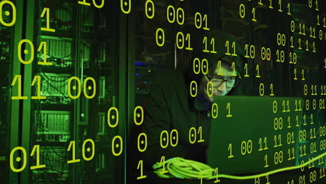 animation of binary coding and data processing over asian male hacker by computer servers