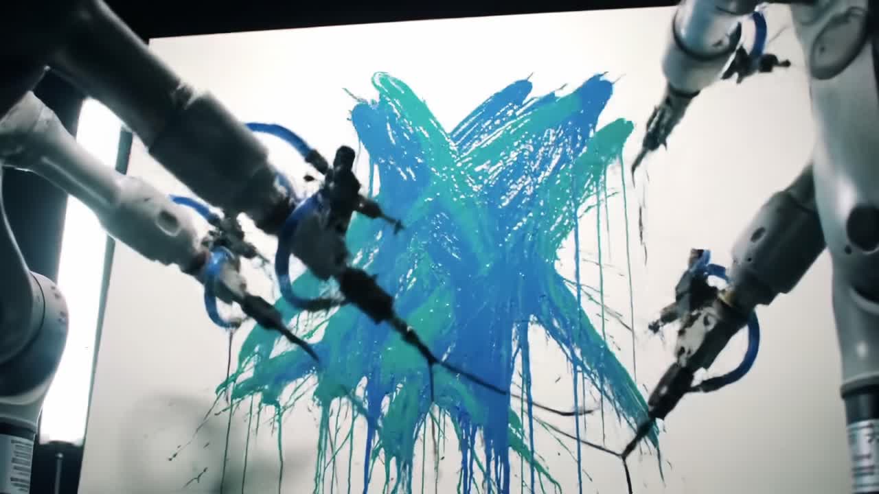 Robotic Arms Create Vibrant Abstract Painting with Dynamic Brushstrokes of Blue and Green Colors on Canvas, Showcasing Innovative Art and Technology Fusion
