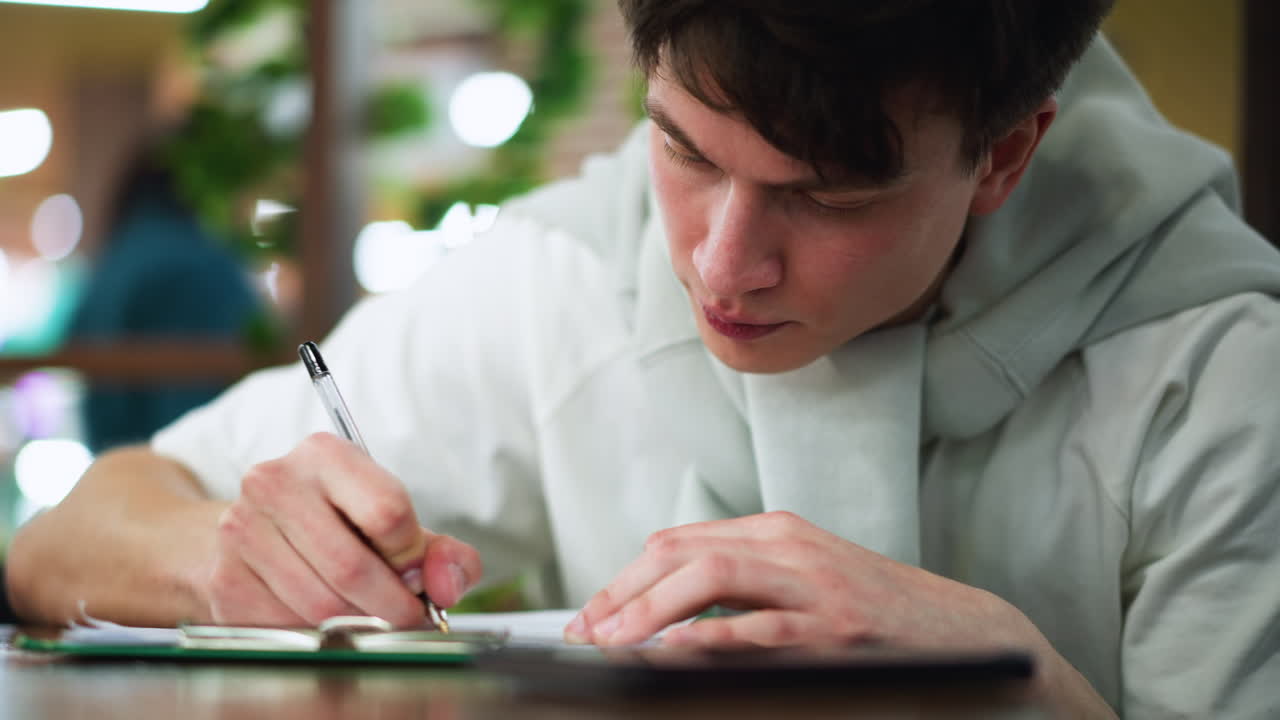 Nearer glimpse of boy bending toward sketchbook focus on pencil line as blurred silhouettes drift in background creating contrast between sharp detail of drawing and soft movement in ambient space