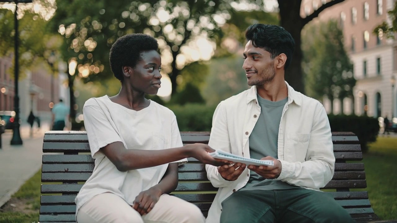 Handing left woman offering notes toward right man on slatted bench, sharing in light clothing