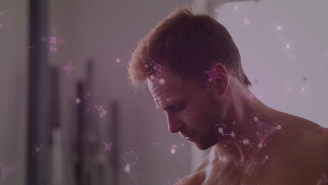 Man starting midrep dumbbell biceps curl, camera pulling back, purple overlaying, building fitness