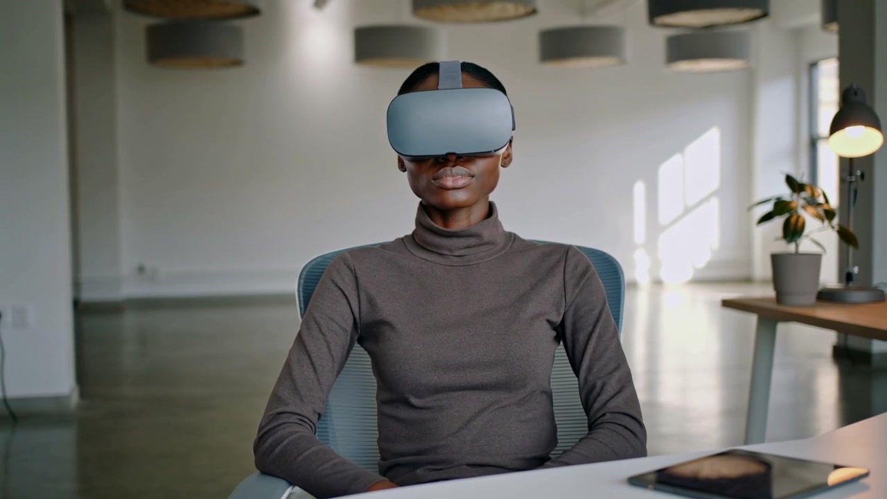 Mengikuti konten VR, wanita mengenakan turtleneck pas badan memindai pemandangan di kantor modern dengan headset dan tablet.