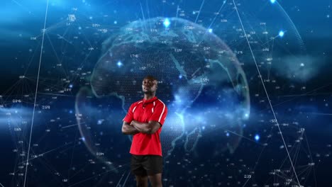 animation of african american rugby player over globe and network of connections