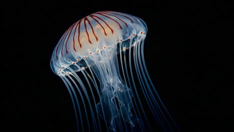 a majestic jellyfish gliding gracefully through the dark waters, showcasing its ethereal glow and intricate tentacle patterns against a mystical background