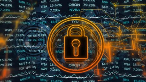 animation of data processing and padlock over scope scanning