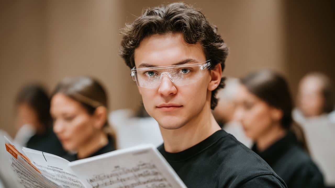 Concentration and Dedication: A Young Musician in Glasses Engaged in a Rehearsal with Fellow Musicians, Focusing Intently on His Musical Score