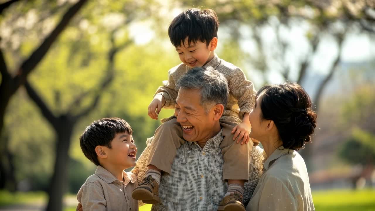 日当たりの良い公園で笑顔を見せる楽しそうな家族の様子をローアングルで撮影した映像。