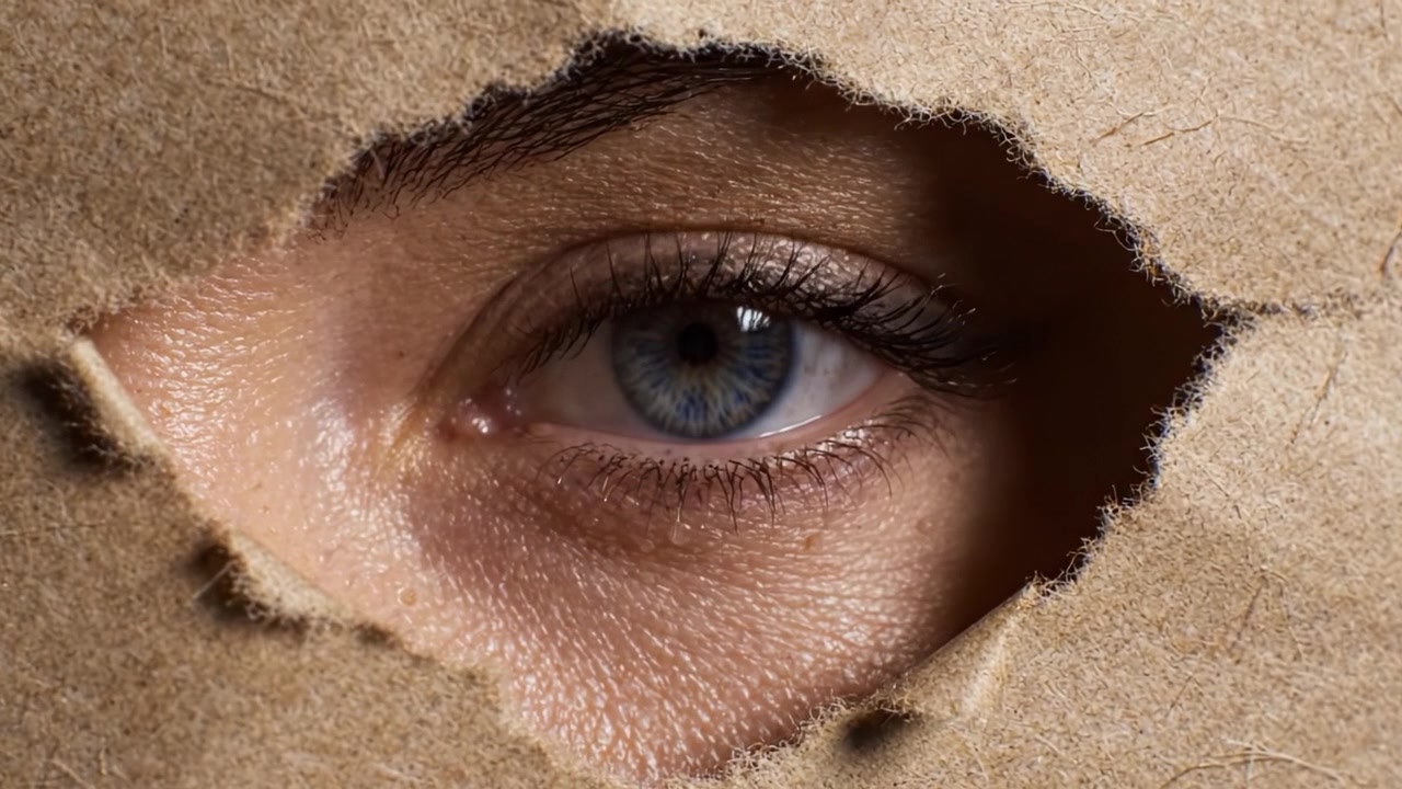 Una visione ravvicinata di un occhio che sbircia attraverso carta strappata, evidenziando dettagli e texture intricati, catturando l'essenza della curiosità e dell'osservazione.