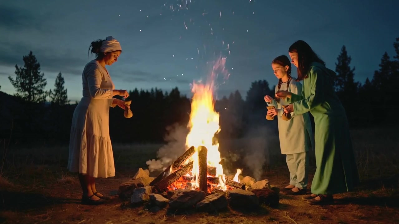 Trio aspergindo, um em vestido branco envolto em tecido, derramando oferendas em uma fogueira crepitante ao anoitecer