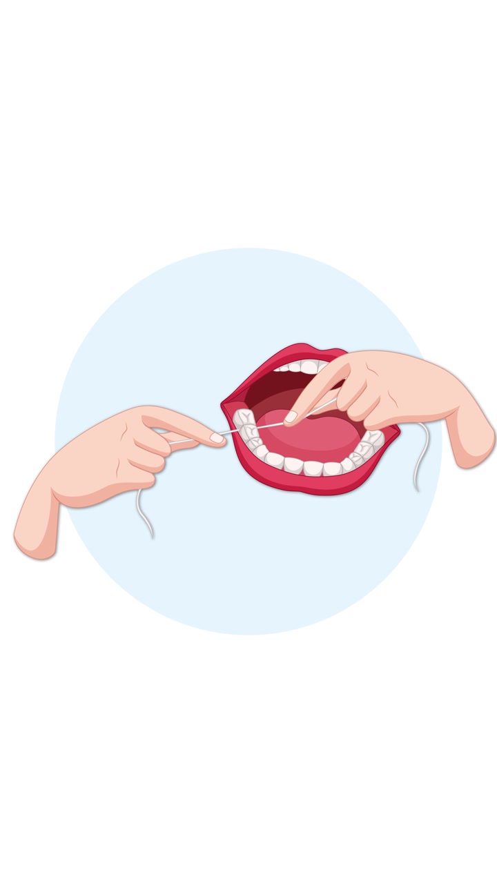 Mani usano il filo interdentale per pulire tra i denti inferiori in un'animazione passo-passo. Stile vettoriale piatto, illuminazione neutra, semplice sfondo circolare blu, movimento orizzontale fluido