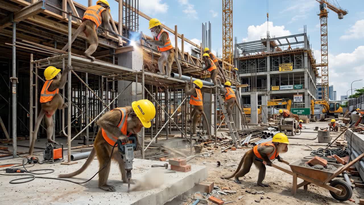 Monos vestidos de obreros de construcción en una obra
