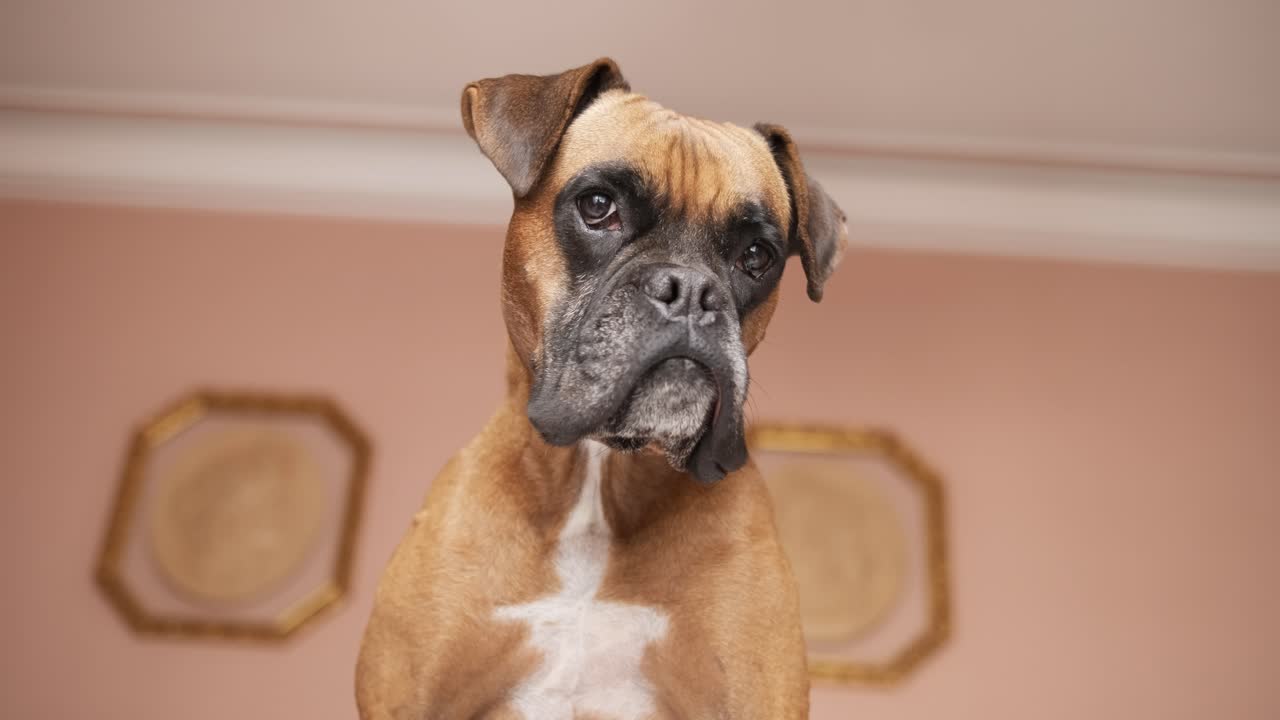 Attentive boxer dog standing against wall and ceiling in room