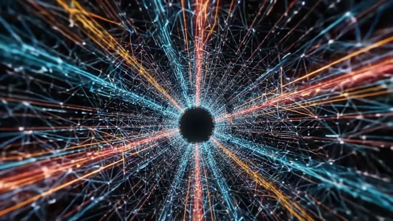 A Mesmerizing Visual Explosion of Colorful Data Streams Radiating from a Dark Core in a Digital Universe, Capturing the Essence of Modern Technology and Connectivity