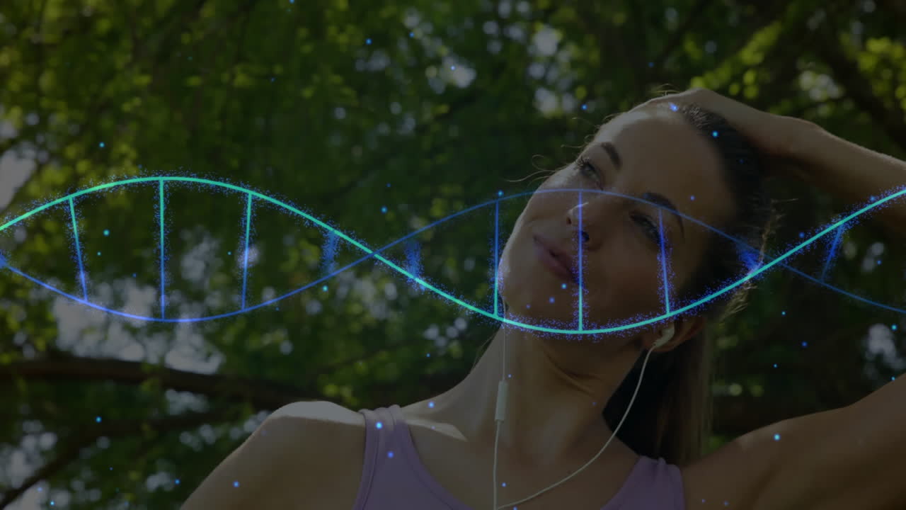 woman stretching neck in park listening with earbuds, showcasing biotech DNA helix overlay