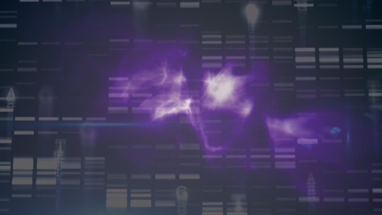 Animazione di elaborazione dati su griglia e nuvole luminescenti