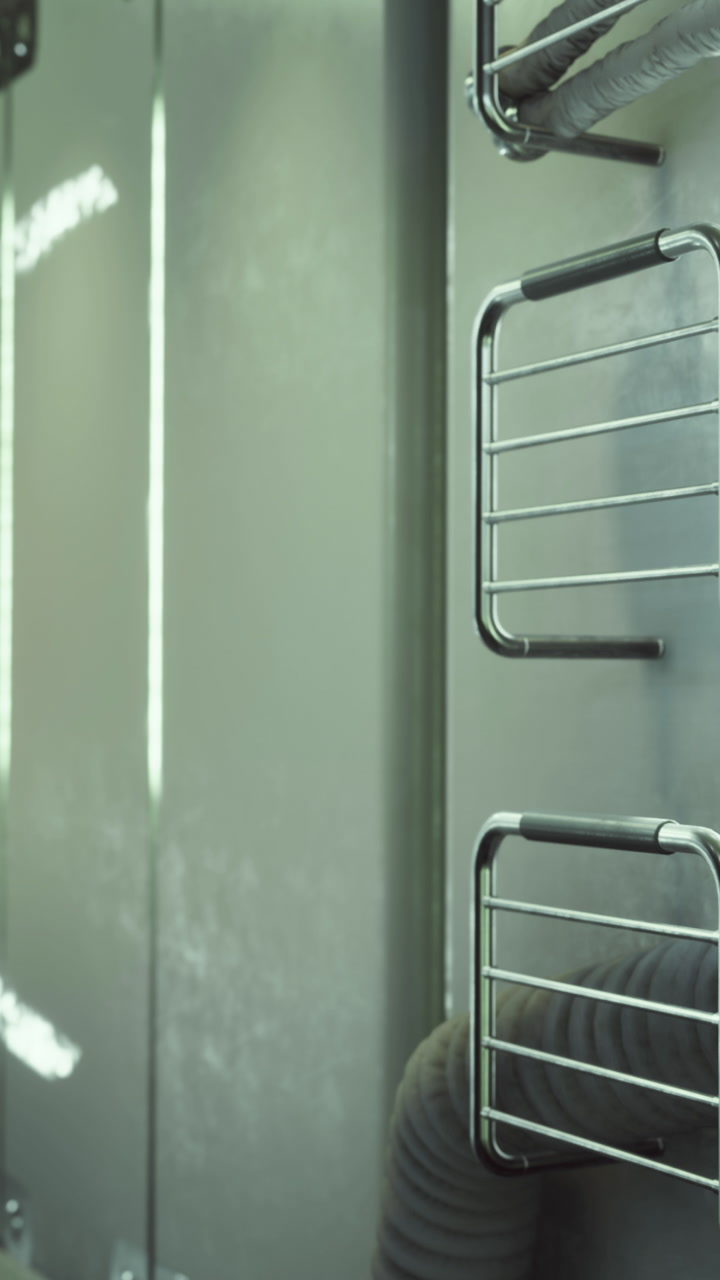 Lighting shines on a wall with shelves and pipes in a narrow space