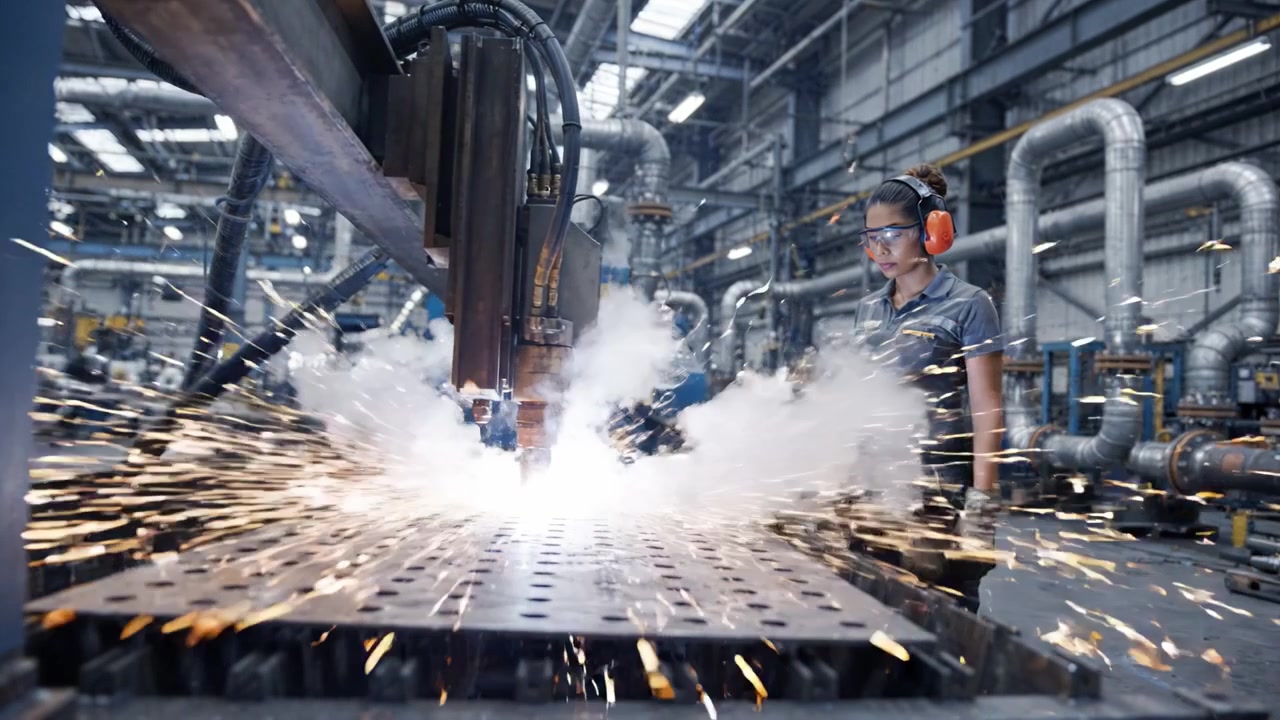Industriarbetare som manövrerar en skärmaskin i en modern fabriksmiljö med gnistor och metallbearbetning under tillverkningsprocesser.
