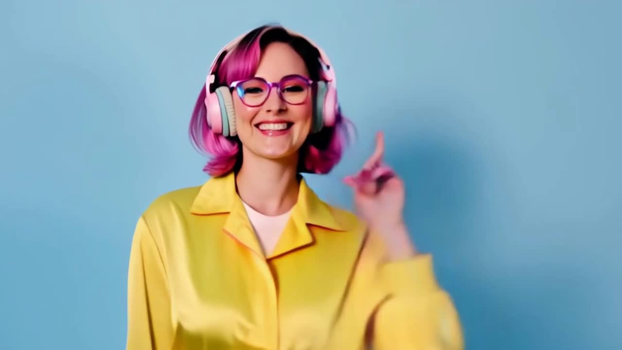 A woman in a yellow outfit is dancing and wearing headphones